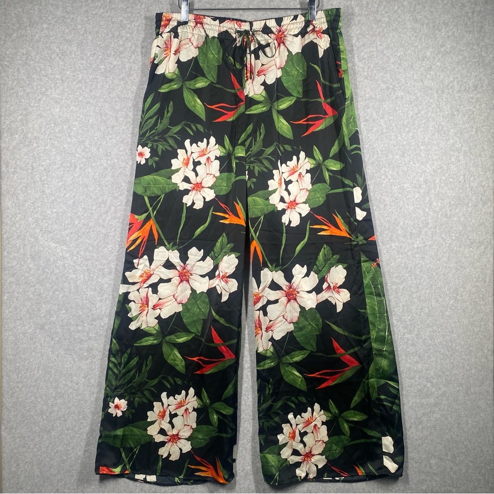 LAUREN Ralph Lauren Floral Satin Charmeuse Wide-Leg Pants Multi XL Black Label